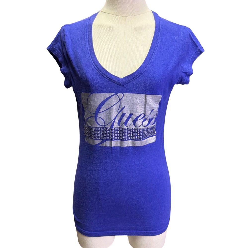 Guess T-Shirt Womens Small Blue Good Rhinestone Logo V-Neck Y2K Metallic Tee